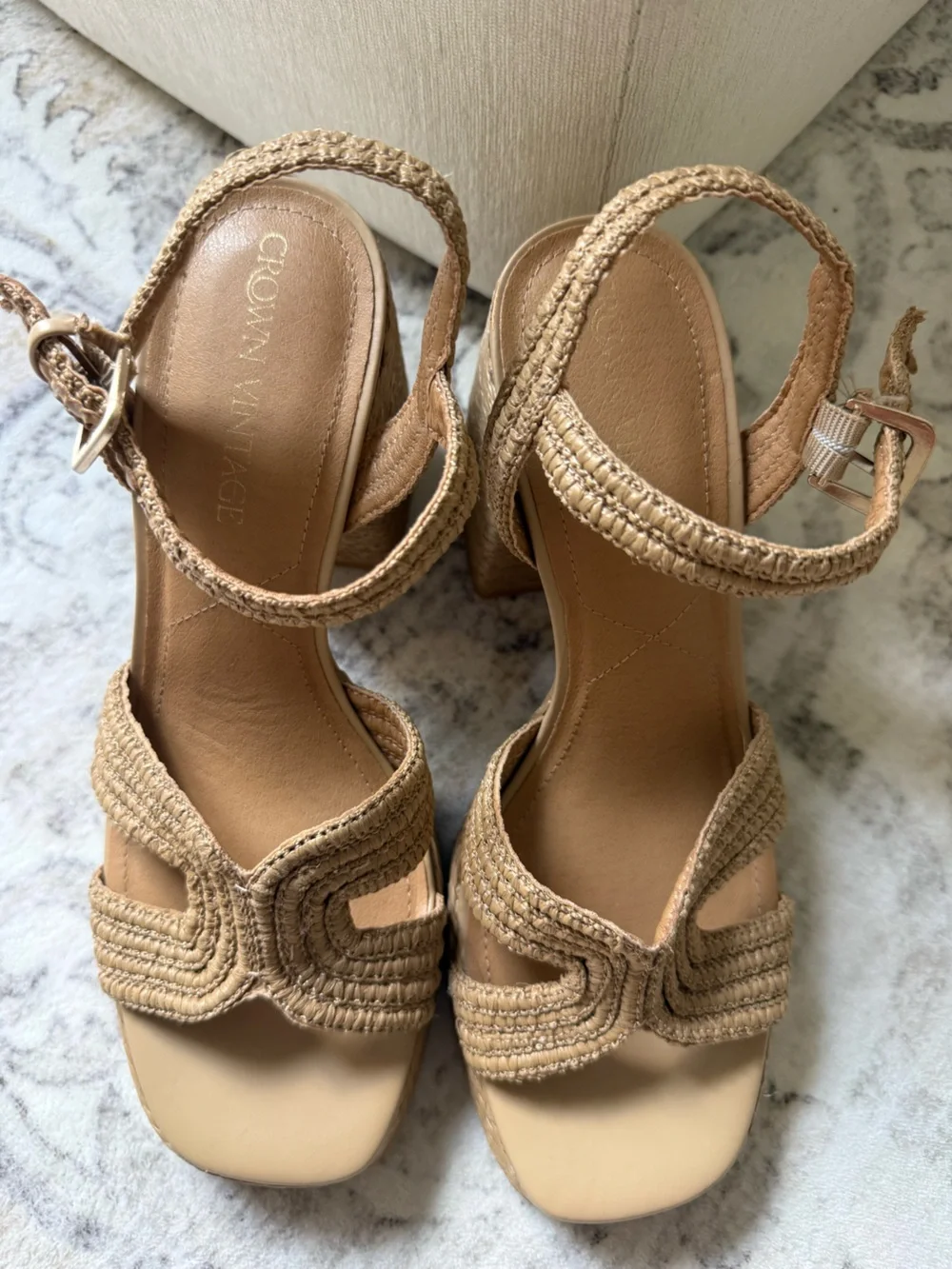 Woven Tan Platform Block Heel Sandals - Women